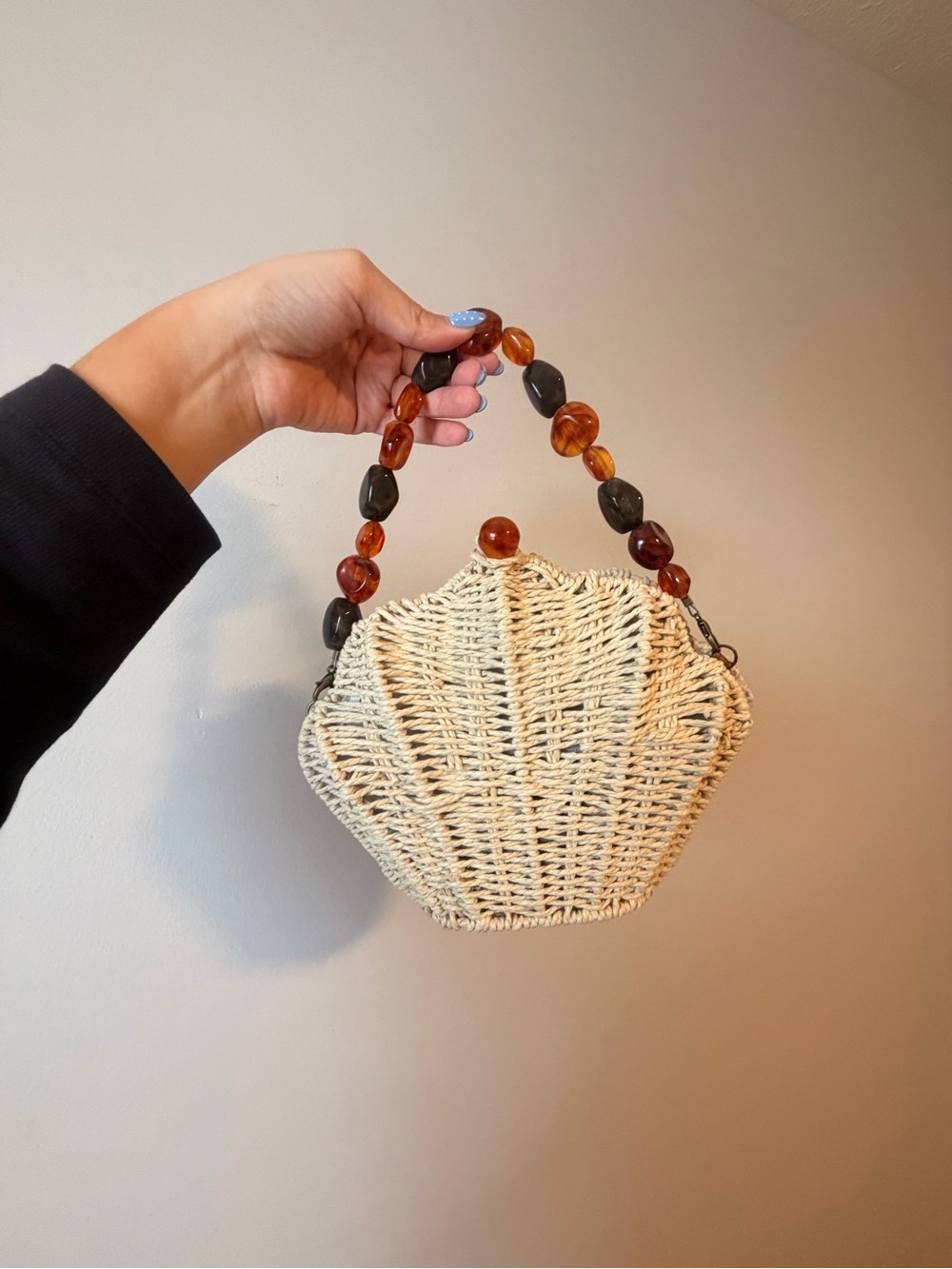 Woven Shell-Bead Top Handle Bag in Natural